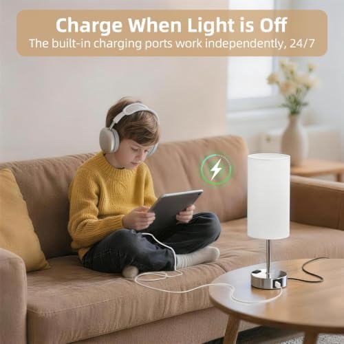 Table Lamp, Dimmable Touch, AC Outlet, USB A+C (White&Silver)