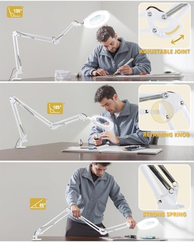 12X Magnifying Glass with Light and Clamp, Extra Long 3 Swing Arm, White