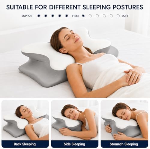 Ergonomic Cervical Memory Foam Pillow for Neck and Shoulder Support, Contour Butterfly Bed Pillow with Breathable Cover, Neck Support Pillow for Side Back and Stomach Sleepers (ELOVNOVA-Gray)