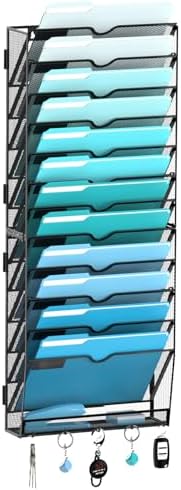 13-Tier Wall File Organizer and Mail Organizer with 5 Hooks, Black