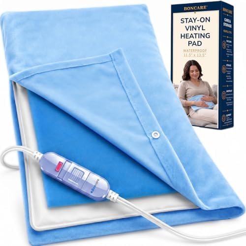 Boncare® Stay-On Small Vinyl Electric Heating Pad for Neck and Shoulders and Back Without Auto-Off, Low & High Heat Levels, Waterproof Hot Heat Pad with Washable Cover (11.5"x13.5", 1-Pack)