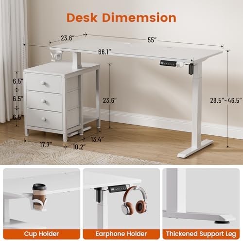 REAHOME 55 Inch White Electric Height Adjustable Standing Desk with Drawers