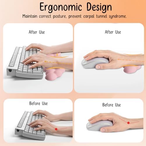 Keyboard Wrist Rest Mouse Wrist Support Set, Cloud Keybroad Wrist Rest Pad with Non-Slip PU Base, Memory Foam Wrist Rest for Pain Relief Computer Laptop Gaming Home Office, Pink