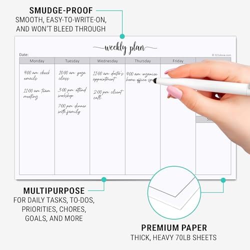 321Done Weekly Planner Notepad, Half Letter 5.5x8.5, 50 Sheets, All 7 Days
