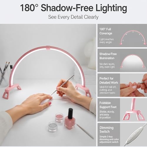 Half Moon Nail Desk Lamp, 23” Foldable Nail Tech Light, 10-Level Dimming & 3 Color Temperatures, Pink Arch Light for Manicure, Eyelash, Tattoo & Skin Care