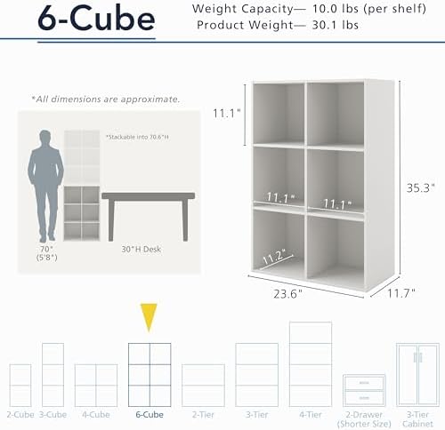 Homes: Inside + Out Apexa 6-Cube Storage Organizer Shelves, Stackable Wood Bookcase Fits Cubby Bins for Organization, Dorm Teen Room Decor & Home Office, Black