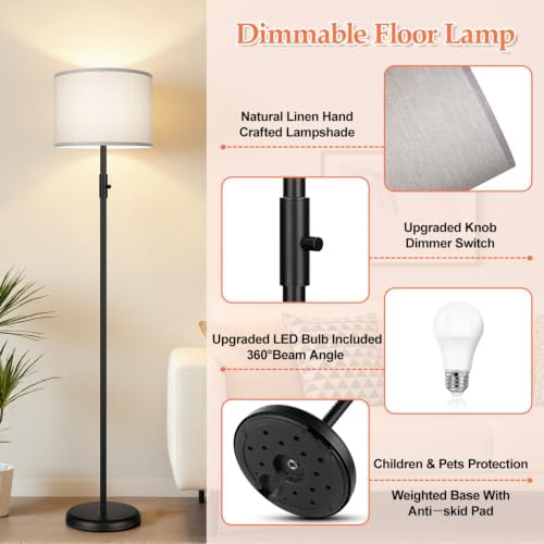 Floor Lamp Simple Design with Shade, Small Tall Lamps for Living Room Bedroom Office Dining Room Kitchen, Black Pole Lamp-Gray