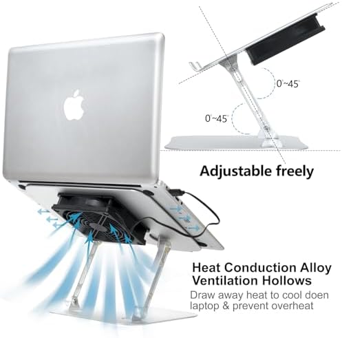 Adjustable Laptop Stand with Cooling Fan, Aluminium Alloy Multi-Angle Computer Holder for Desk, Portable Notebook Metal Mount Compatible with MacBook, Air, Pro, Dell, Alienware All Laptops 11"-17.3"