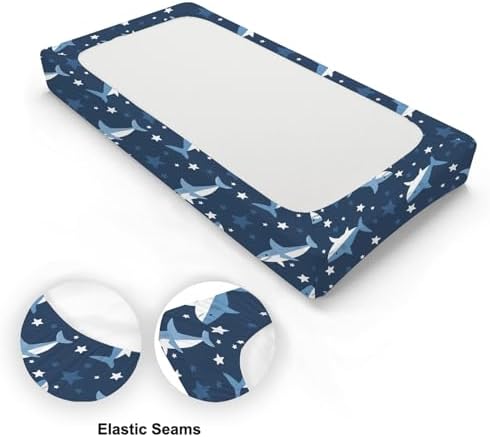 Cartoon Ocean Sharks Stars Animals Pattern Baby Changing Pad Cover, Unisex Sea Animals Nursery Diaper Changing Table Pad Mat Sheet for Boys Girls-16x32