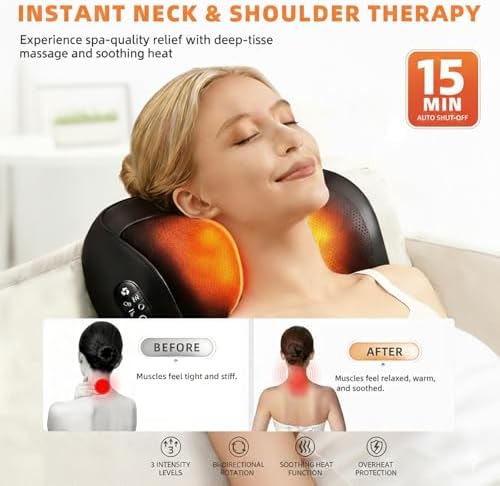 Shiatsu Neck Massager Pillow with Heat, 20 Nodes Deep Tissue Kneading Massage for Pain Relief, Back Shoulder Relaxation, Electric Cervical Support Pillow, Ideal Wellness Gift for Men Women