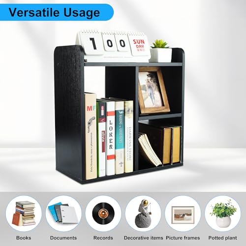 TQVAI Wood Desktop Bookshelf, 3 Cube Storage Unit Multipurpose Open Storage Shelves for Books, Office Supplies, Plants and Decor, Freestanding Desk Shelf Organizer for Office Home Study Room, Black