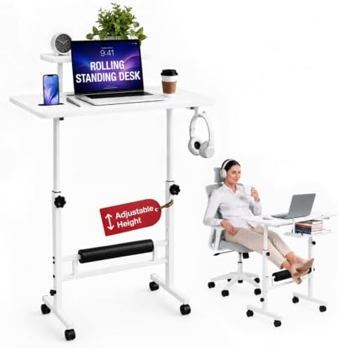 Small Rolling Desk with Wheels, Adjustable Height 27"-43.3" Portable Standing Desk, 31.5"x15.7" Tabletop, Mobile Laptop Computer Table for Home Office Workstation, White