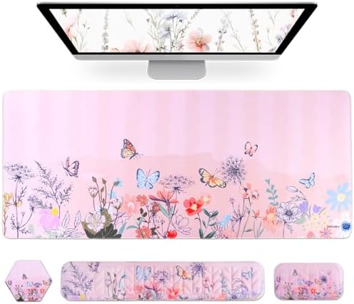 Petmolico 4-in-1 Wrist Rest Set with Desk Pad, Pink Wild Flowers