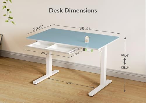 INNOVAR Glass Standing Desk with Drawers 40×24 Inch Morandi Blue