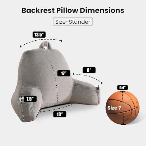 Soft Reading Pillow for Bed with Arms,Middle,Gray,Faux Fur