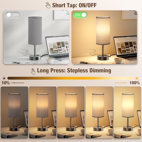 Grey Touch Bedside Lamp for Bedroom, Stepless Dimmable, USB A+C, AC Outlet