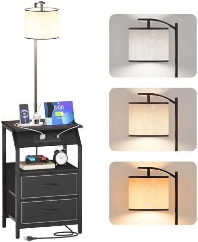End Table with Floor Lamp, Nightstand with Charging Station, Floor Lamp Table with 3-Color Temperature Bulb, Bedside Table Night Stand with 2 Drawers for Bedroom, Living Room, Black
