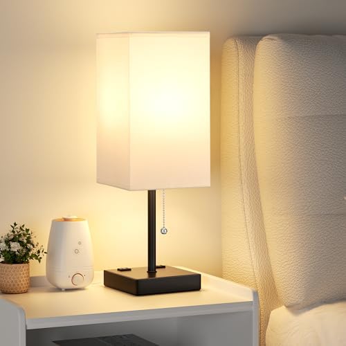 aooshine 17.4" White Bedside Table Lamp for Bedroom - USB C+A, 2 AC Outlets