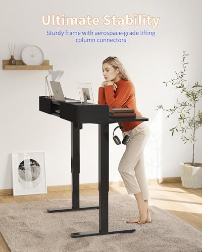 YIHAYO Electric Standing Desk with Drawers, 60 x 24 Inches Adjustable Desk with Storage Shelf, Computer Table with Splice Board for Home Office, Black Frame/Black Top
