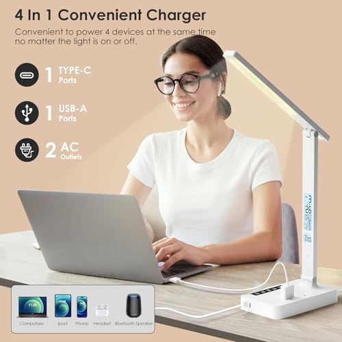 Infiway Desk Lamp with USB Charging Port: LED Desk Lamps for Home Office - 1 Type-C, 1 USB-A Charging Port, 2 AC Power Outlets - Touch Control Dimmable 5 Color 5 Brightness