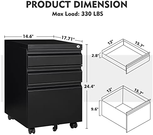 MIIIKO 3 Drawer File Cabinet, Metal Filing Cabinet with Lock Rolling Wheels, Office Storage Under Desk,Deep Drawers for Hanging Legal Letter Fill, Full Assembled Except Casters