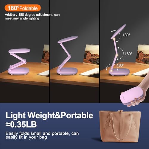 Akejrym LED Desk Lamp for Office Home & Battery Operated Lamp Rechargeable Lamp Foldable & Portable Light, [2-Fold Bracket] 3 Brightness Dimmable Small Desk Lamp Wireless Reading Lamp (Pink)
