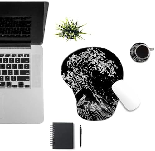 Ergonomic Mouse Pad with Wrist Rest,Comfortable Computer Gel Mouse Pad Wrist Support for Laptop,Pain Relief Mousepad with Non-Slip PU Base Japanese Wave