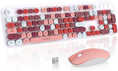 Cute Wireless Keyboard Mouse Combo,Colorful Round Keys,for Long Nails,Pink