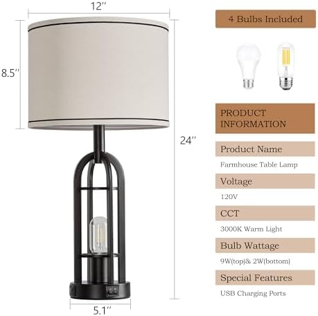 SRJJA 24" Black Table Lamps for Living Room Bedroom Set of 2, USB A+C