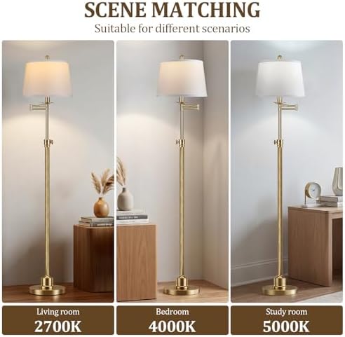 Vintage Floor Lamp for living room, Brushed Antique Brass Farmhouse Standing Lamp with 350° Swivel Swing Arm, 56.6''-66'' Mid Century Modern Height Adjustable Tall Lamp for Bedroom (LED Bulb Included)