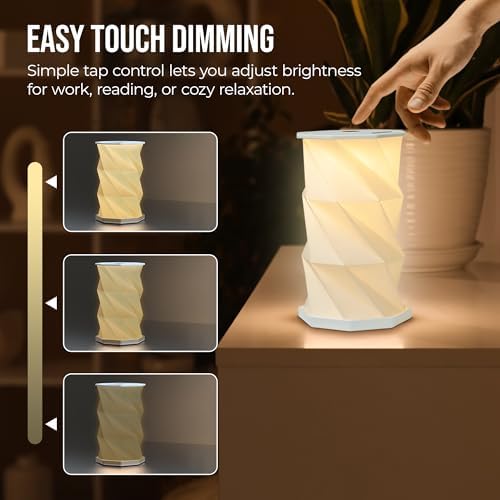 Origami Expanding Foldable LED Desk Lamp – USB Rechargeable & Portable - Dimmable Touch Control Light with Adjustable Height up to 8.25" for Office, Travel, Bedside - Sleek & Modern Design (White)