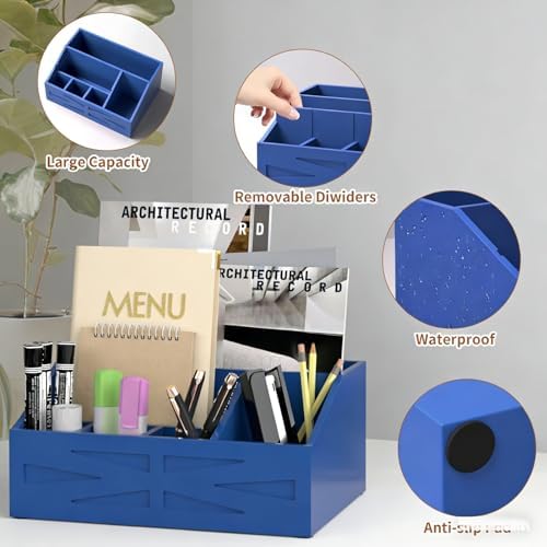 Wood Mail Organizer Countertop,Farmhouse Desk and Kitchen Countertop Storage, Letter Sorter, Desk Mail and Bill Organizer, Desktop File and Paper Holder (Blue)