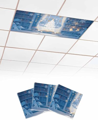 Christmas Magnetic Fluorescent Light Covers for Ceiling Lights 2 x 4 Feet,Xmas Tree Snowflake Snowman Cartoon Blue Office Classroom Kitchen Drop Ceiling Light Covers Filters Shade Panel 3 Packs