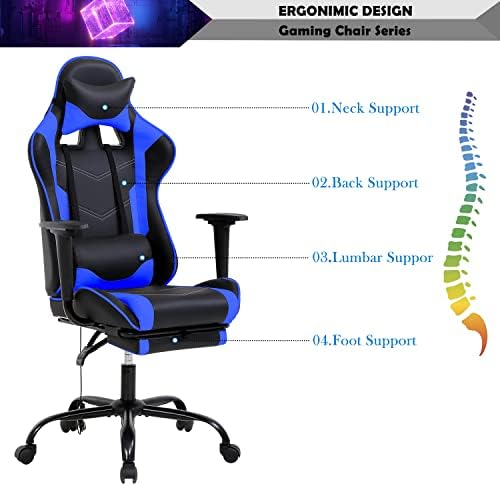 Blue Gaming Chair with Footrest, PU Leather Gaming Chairs for Adults, High Back Comfy Office Chair Ergonomic Desk Chair Computer Chair, Reclining Gamer Chair, Height & Backrest Adjustable, 300 Lbs