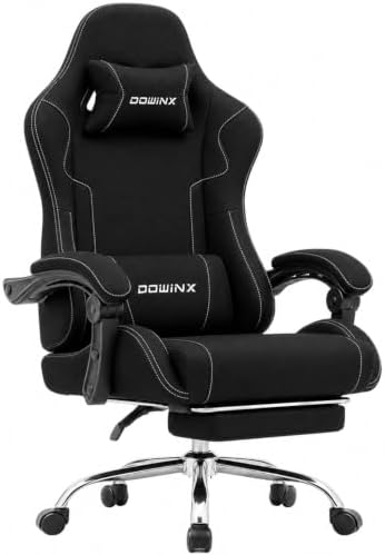 Dowinx Ergonomic Gaming Chair with Footrest & Massage Lumbar, 2D-Linkage Armrests for Computer Chair 330lbs with Headrest Pillow for Office, Home, Streaming and Long Gaming Sessions, Fabric Black