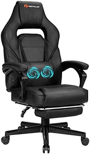 Goplus Massage Gaming Chair, Reclining Backrest, Seat Height Adjustment Racing Computer Office Chair with Footrest, Ergonomic High Back PU Swivel Game Chair (Black)