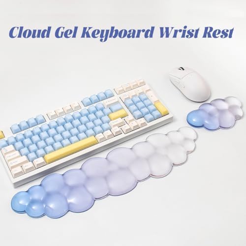 Gel Keyboard Wrist Rest Cloud Set, Clear Ergonomic Wrist Support and Arm Support Keyboard Rest for Typing Pain Relief, with Non-Slip Soft Washable Wrist Rest(Blue White)