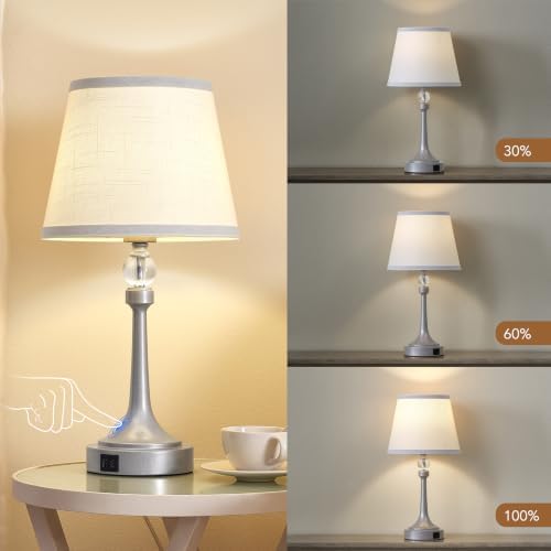 Touch Silver Table Lamp Set of 2 with USB C+A Ports-19.7''