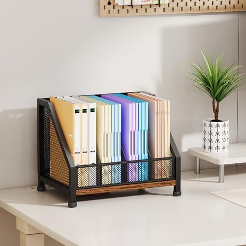 SWTYMIKI Desk Organizer - Paper Organizer, Mesh and Wood Desk Office Organizer, Office Organization and Binder Storage for Workspace, Home, School, Espresso