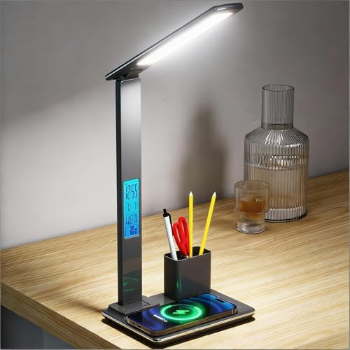 IHAO 7in1 Smart Desk Lamp with Wireless Charger & Digital Clock | 15W Fast Charging for Phone & Earbuds, Time/Date/Temp Display, Alarm, 3 Light Modes, USB Port, Detachable Pen Brush Pot-HYT1771 Black