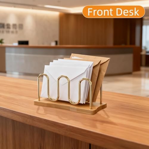 Mail Holder Organizer Countertop, Metal Letter Holder Sorter (Bamboo)