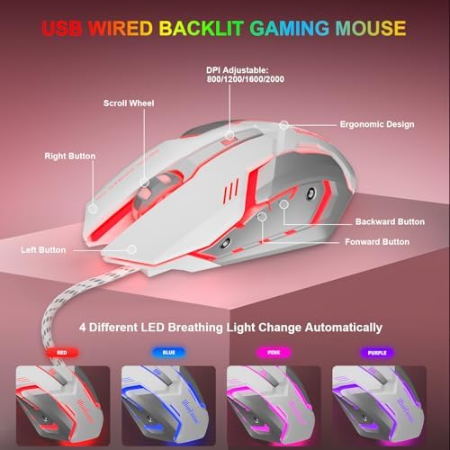 BlueFinger RGB Gaming Keyboard and Backlit Mouse Combo, USB Wired, LED Gaming Set for Laptop PC Computer Game and Work (Pink & White)