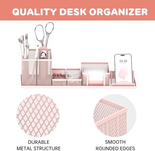 Pen Holder for Desk, 6-Piece Mesh Desk Organizer with Phone Holder, Pink