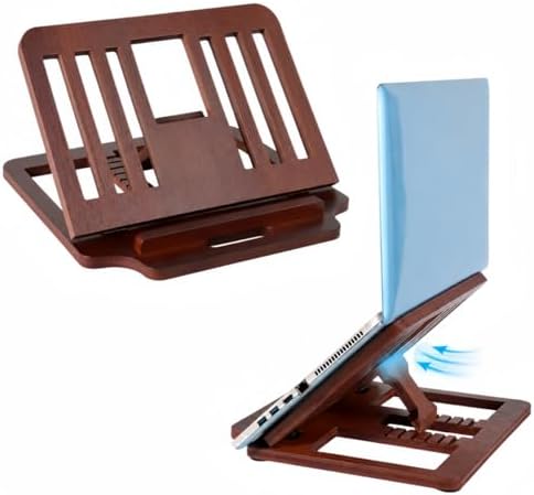Bamboo Foldable Laptop Stand Holder, 6-Level Adjustable Ergonomic Notebook Riser with Heat Dissipation for 10-17 Inch Laptops, MacBook, Tablet (Dark Brown)