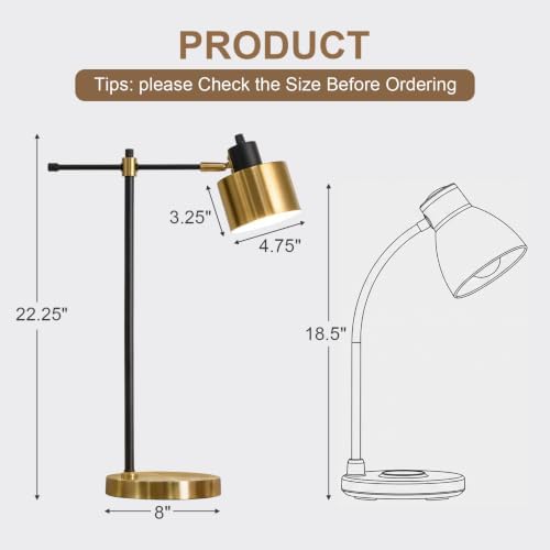 OYEARS 22.2" Modern Desk Lamp, Metal Table Lamp with LED Bulb, Adjustable Reading Lamps for Living Room, Mid Century Task Lamp for Home Office, Industrial Bedside Lamps with Solid Base,Black and Gold