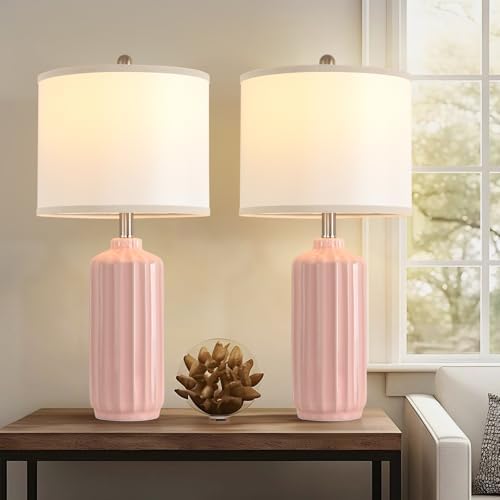 Lamps for Living Room Bedroom Lamps Farmhouse Table Lamps Set of 2 Vertical Stripe Ceramic Table Lamp,Linen Shade with Bulb, 25 in High (Pink, 25-inch high)