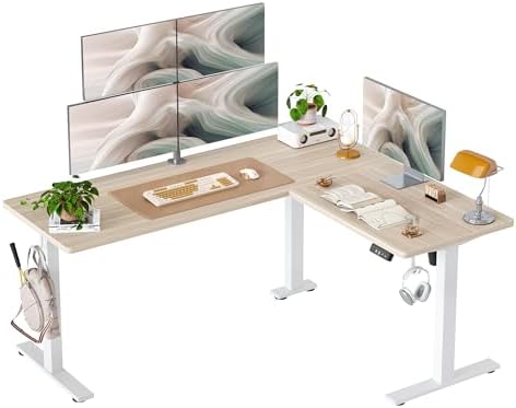 TIQLAB L Shaped Standing Desk Adjustable Height, Electric Corner Standing Desk, 63 x 55 inch Sit Stand Computer Table with Splice Board, Light Walnut
