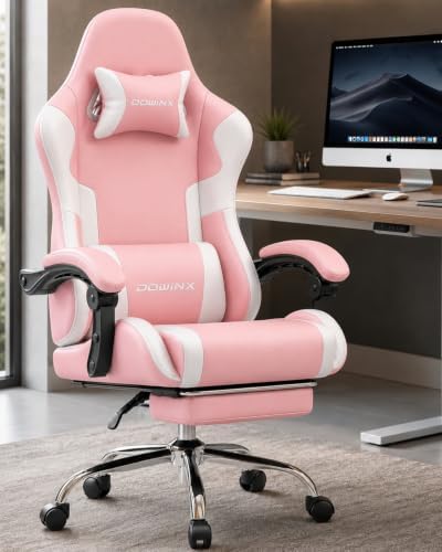 Dowinx Ergonomic Gaming Chair with Footrest & Massage Lumbar, 2D-Linkage Armrests for Computer Chair 330lbs with Headrest Pillow for Office, Home, Streaming and Long Gaming Sessions, Bright Pink
