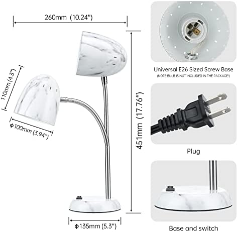 Eye-Caring Marble Table Lamp of Simple Designs Home E26Led Screw Basic Metal Desk Lamp with Flexible Gooseneck Hose Neck Study Lamp for Bedroom Office Living Room Convenient On/Off Switch