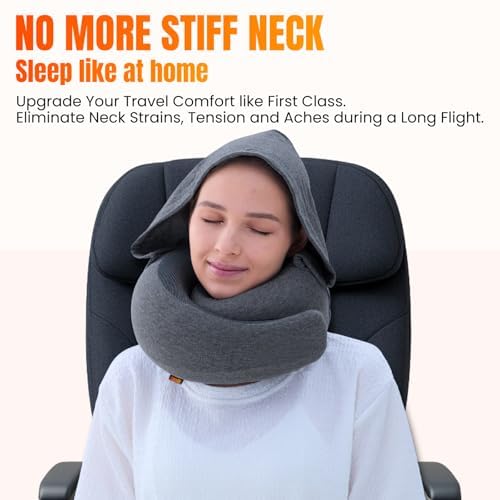 LOEXAIR™ Hooded Pro Travel Pillow - Memory Foam Neck Support Pillow for Airplane, Flight - Super-Soft Pure Cotton Fabric, Maximum Privacy & Light-Block Design, Lightweight Full Travel Kit - Dark Grey